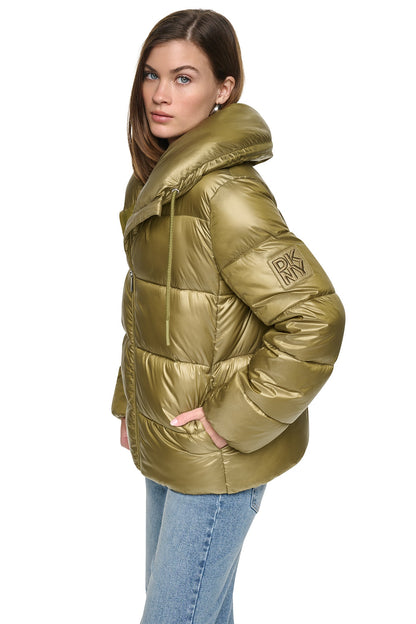 Metallic Pink Moon DKNY QUILTED PUFFER WITH DRAMA COLLAR