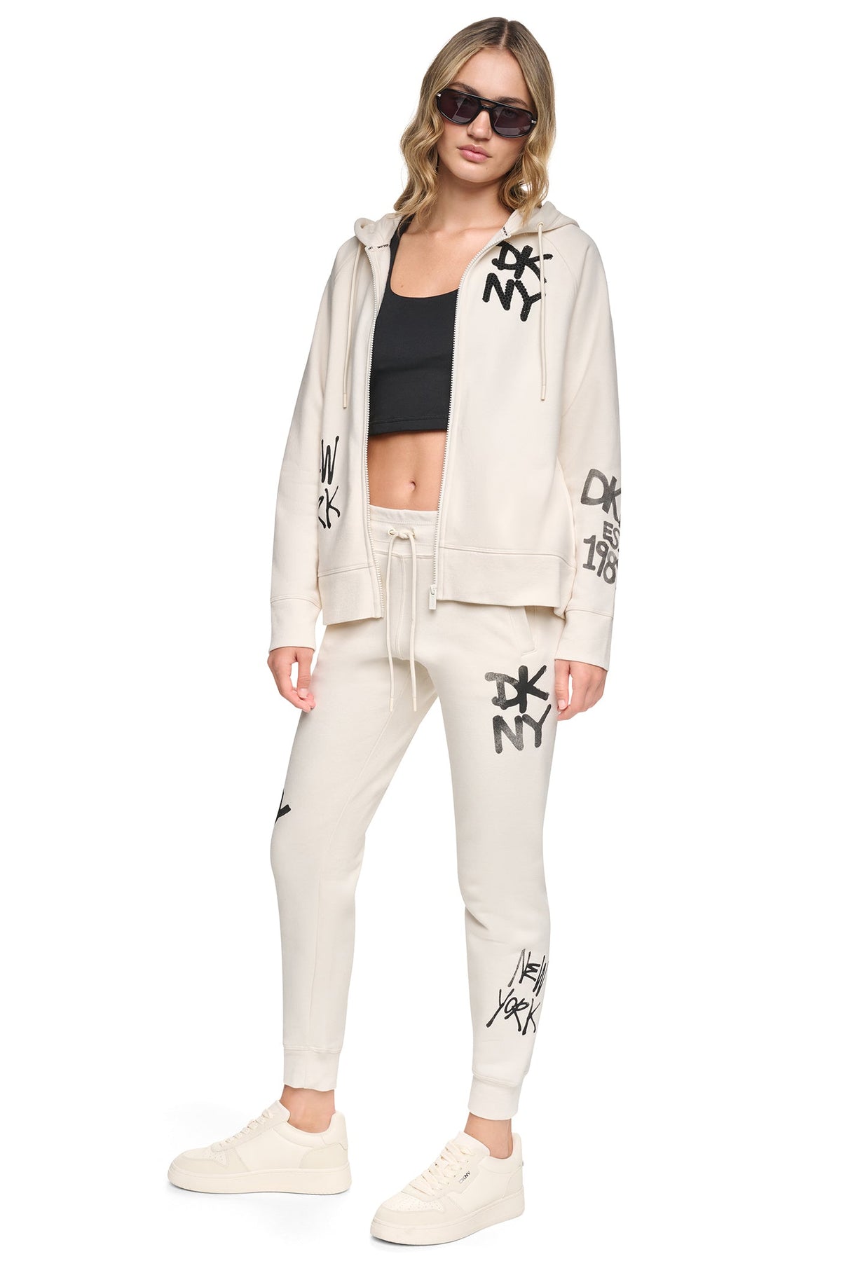 Black DKNY MID-RISE GRAFFITI RHINESTONE LOGO JOGGER
