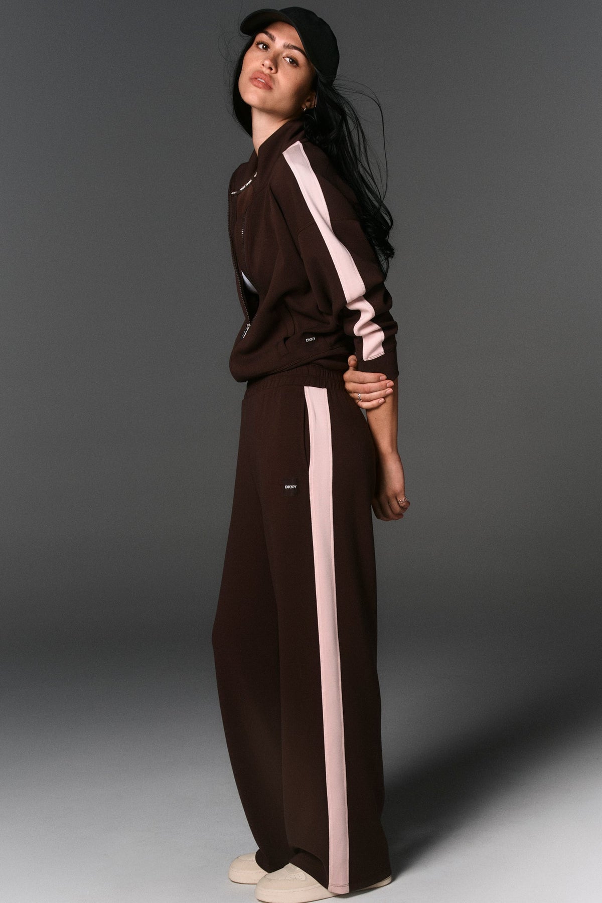 Espresso/Blush Pink DKNY SIDE STRIPE FULL ZIP JACKET