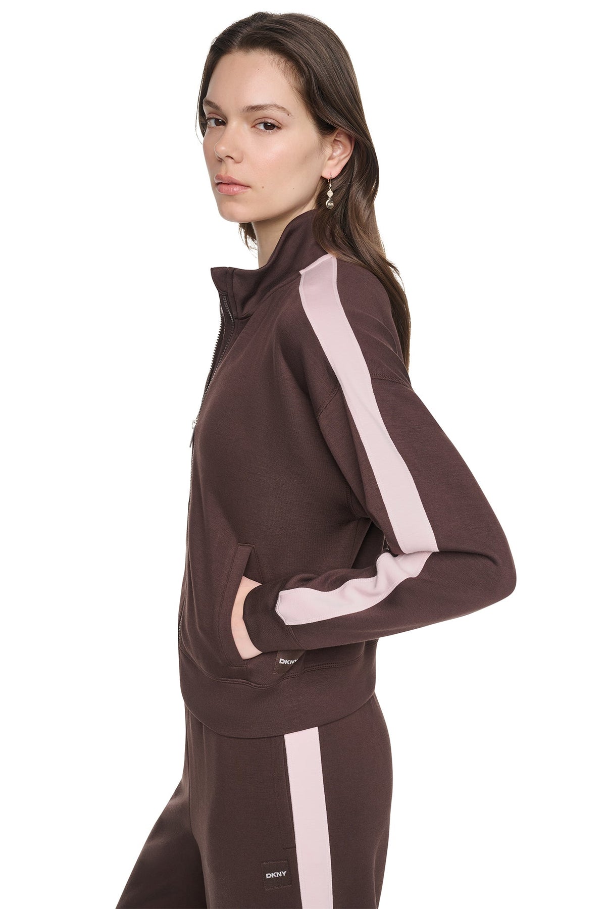 Espresso/Blush Pink DKNY SIDE STRIPE FULL ZIP JACKET