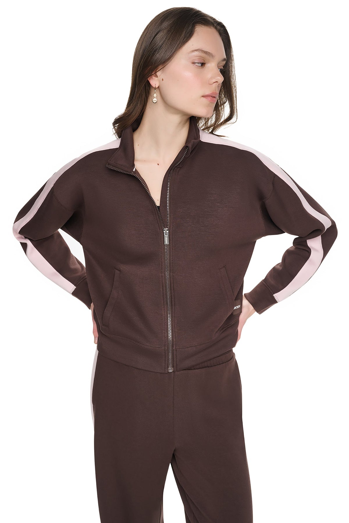 Espresso/Blush Pink DKNY SIDE STRIPE FULL ZIP JACKET