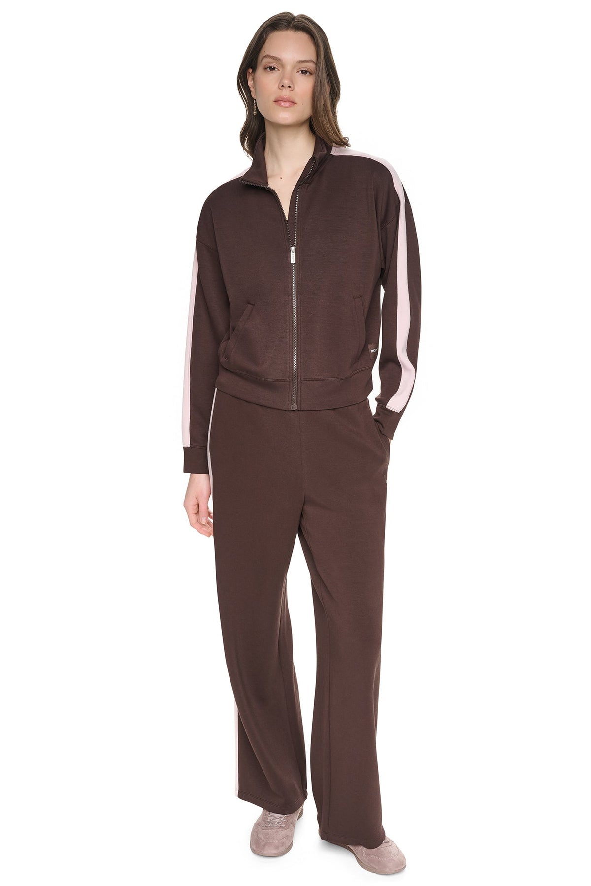 Espresso/Blush Pink DKNY SIDE STRIPE FULL ZIP JACKET