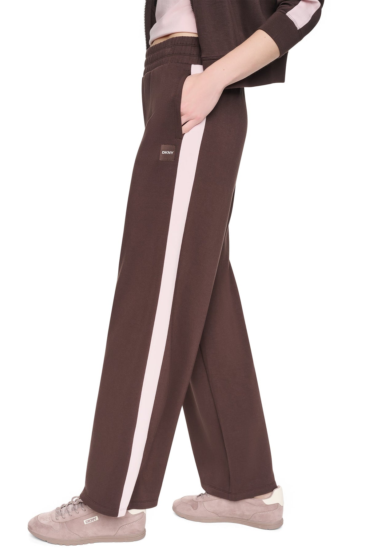 Espresso/Blush Pink DKNY HIGH-RISE SIDE STRIPE WIDE-LEG PANT