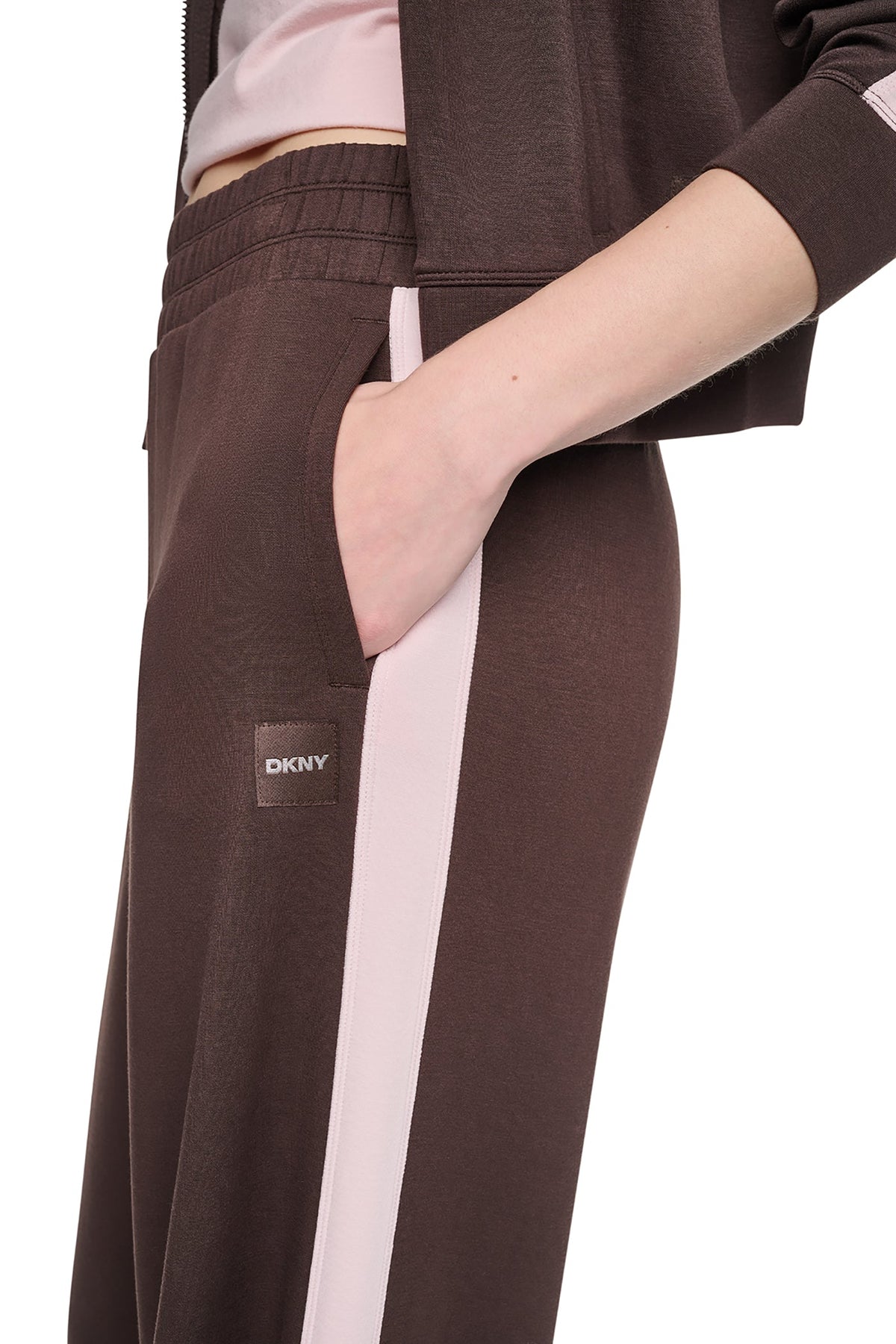 Espresso/Blush Pink DKNY HIGH-RISE SIDE STRIPE WIDE-LEG PANT