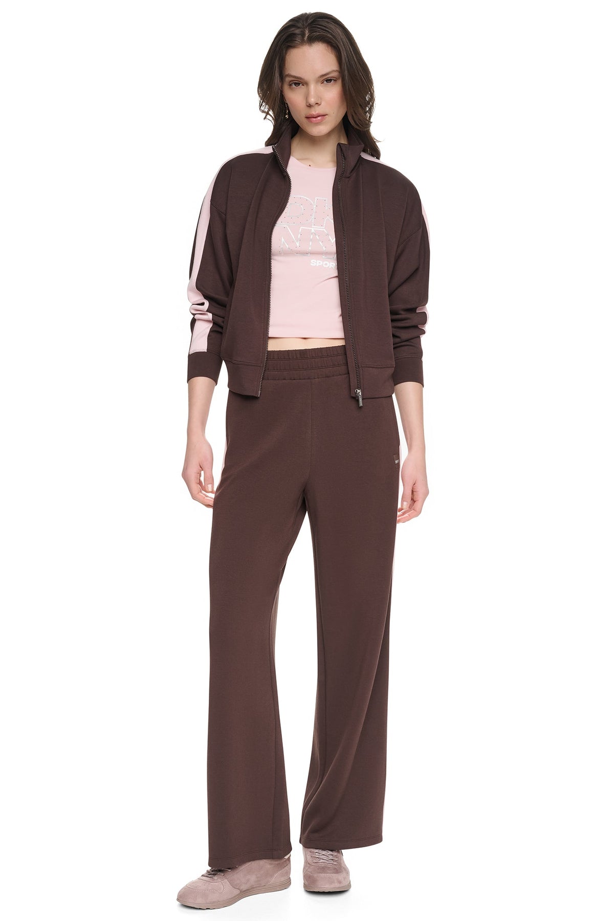 Espresso/Blush Pink DKNY HIGH-RISE SIDE STRIPE WIDE-LEG PANT