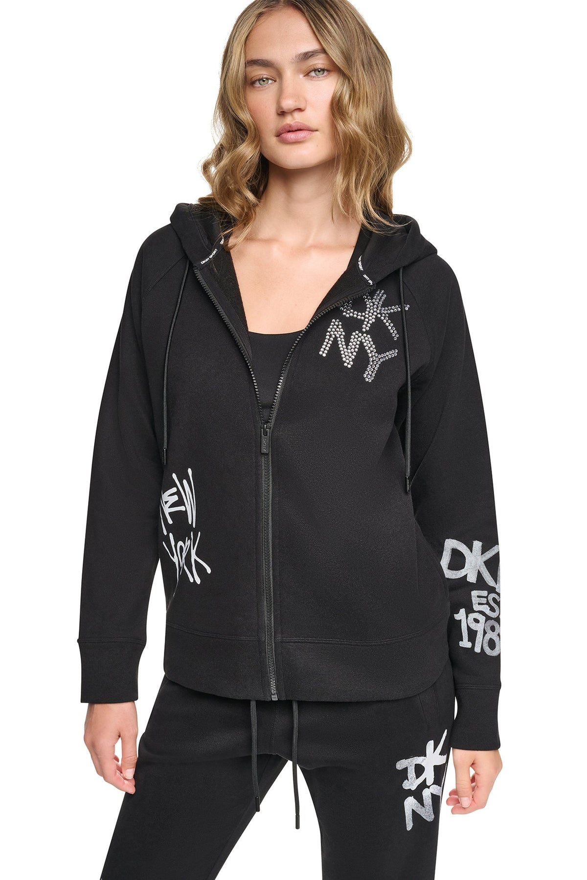 Black DKNY GRAFFITI RHINESTONE FULL-ZIP HOODIE