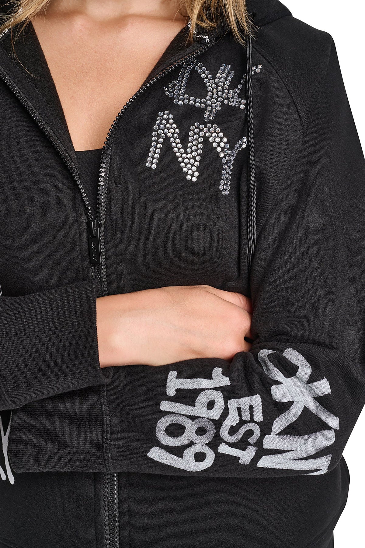 Black DKNY GRAFFITI RHINESTONE FULL-ZIP HOODIE