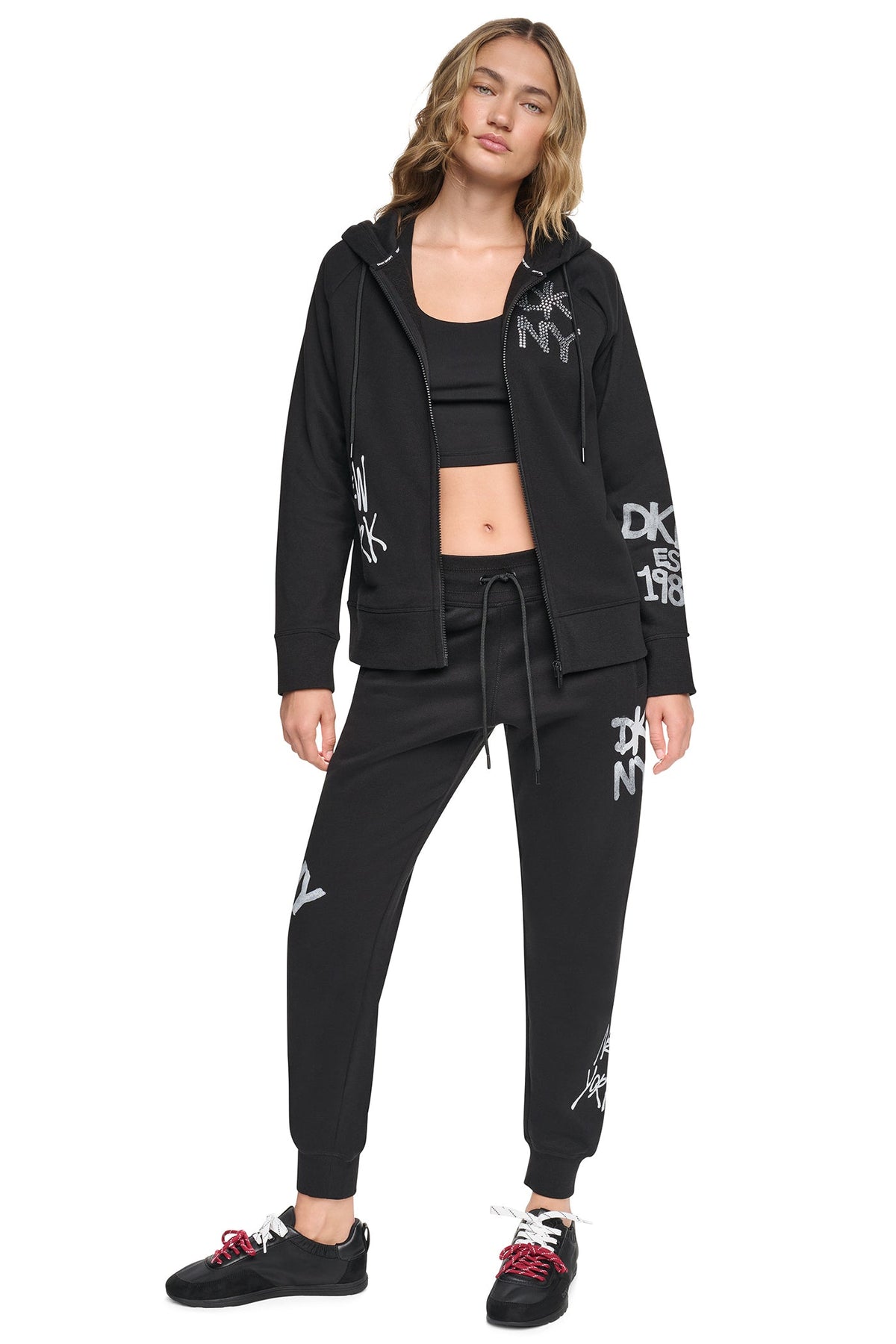 Black DKNY GRAFFITI RHINESTONE FULL-ZIP HOODIE