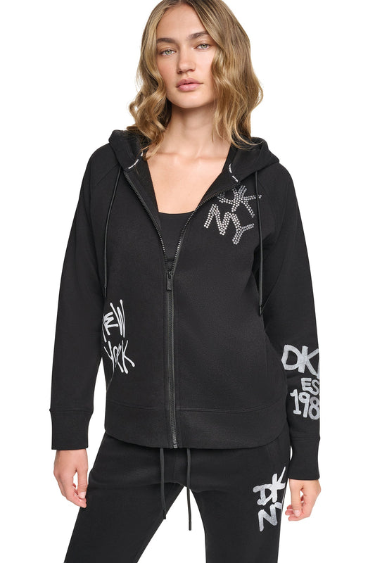 Pearl Grey Heather DKNY GRAFFITI RHINESTONE FULL-ZIP HOODIE