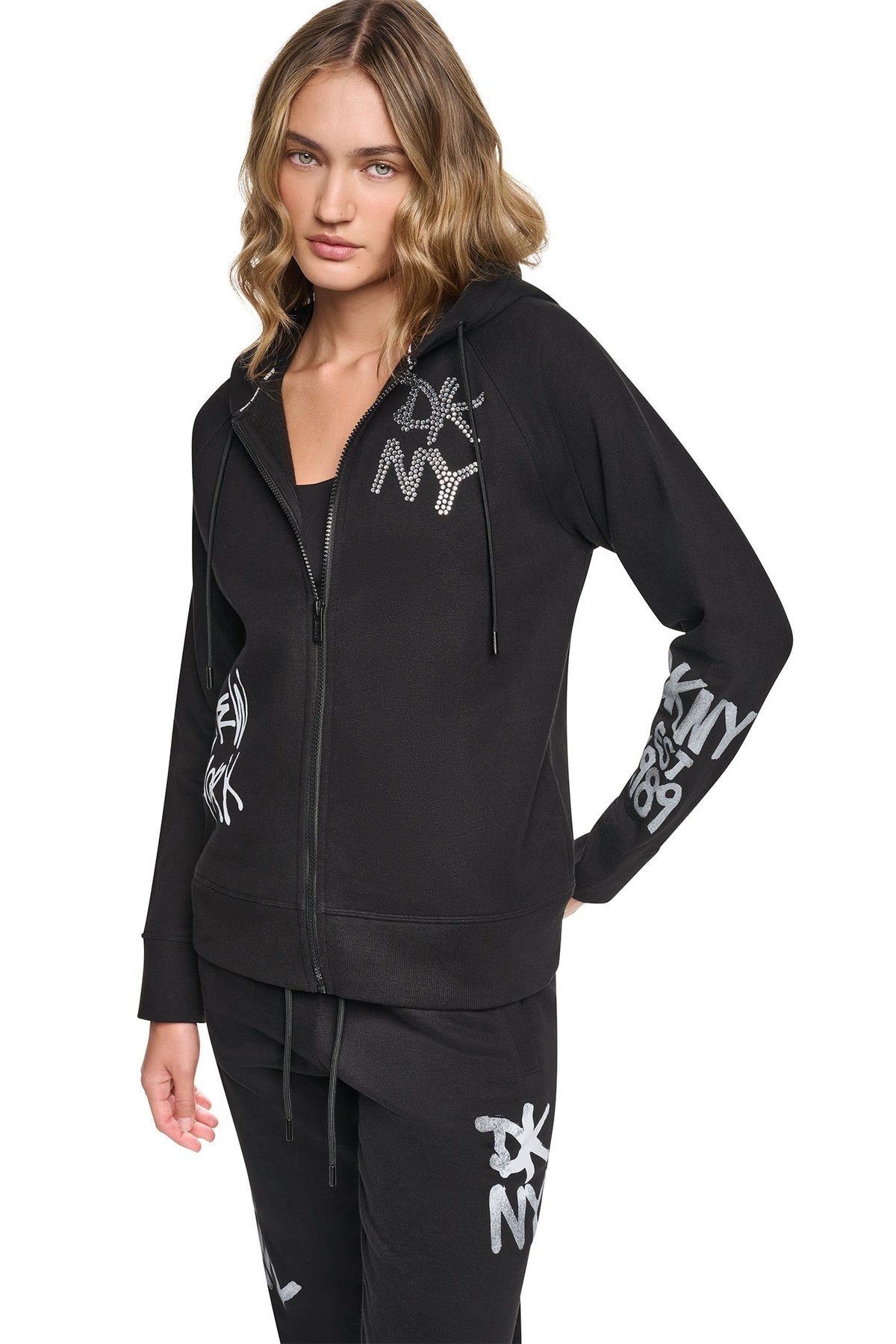 Pearl Grey Heather DKNY GRAFFITI RHINESTONE FULL-ZIP HOODIE