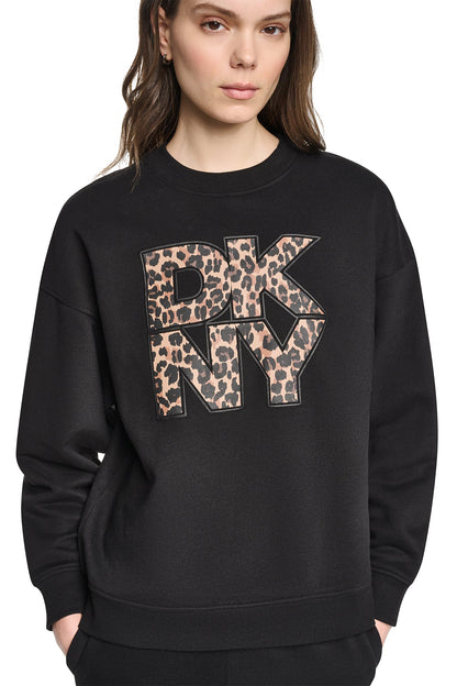 Black DKNY ANIMAL PRINT LOGO SWEATSHIRT