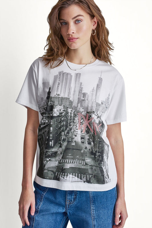 White/Black Punch DKNY DKNY RHINESTONE NY STREETS LOGO TEE