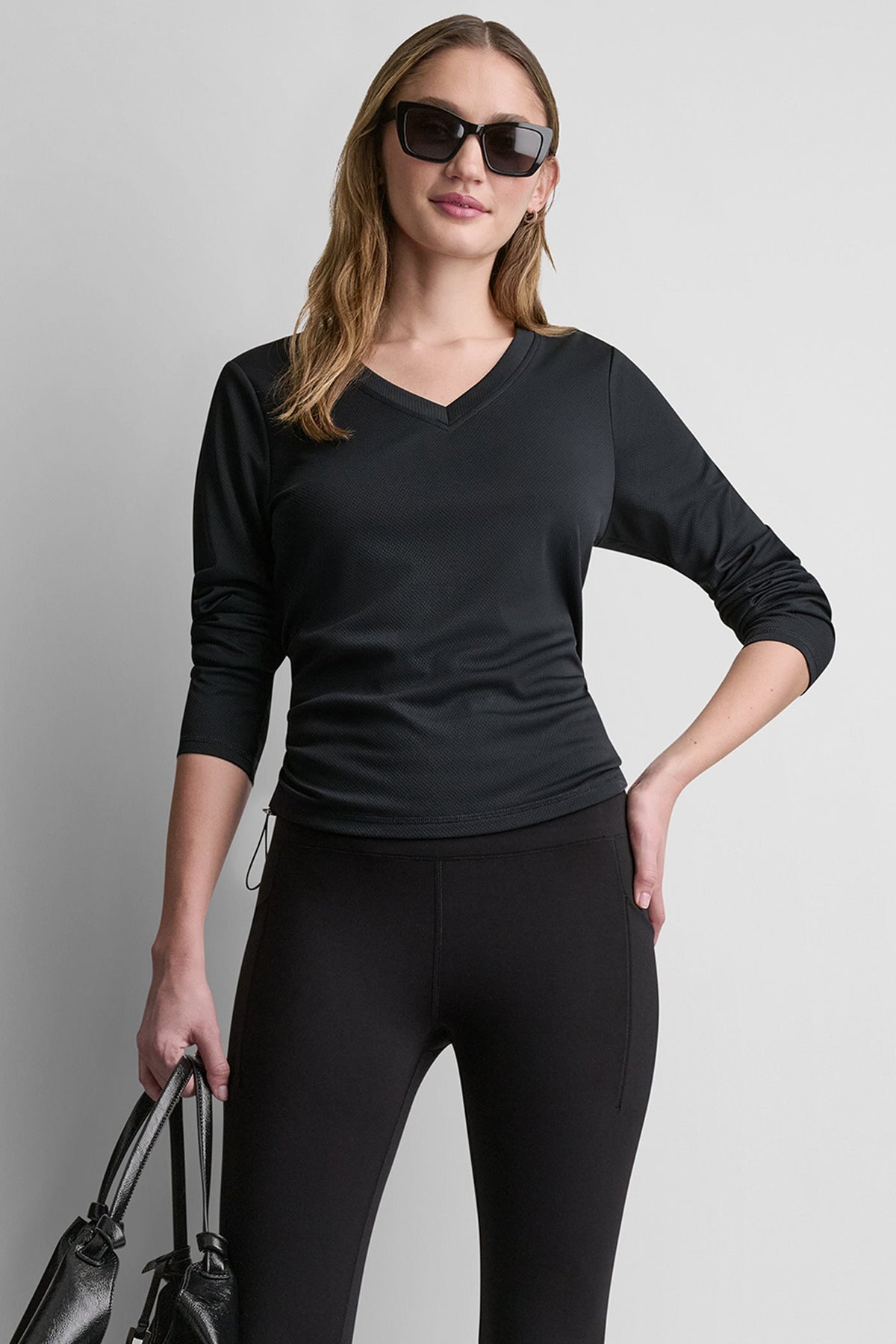 Black DKNY LONG SLEEVE V-NECK TECH TEE