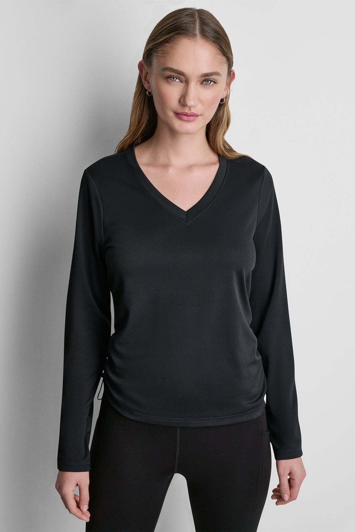 Black DKNY LONG SLEEVE V-NECK TECH TEE