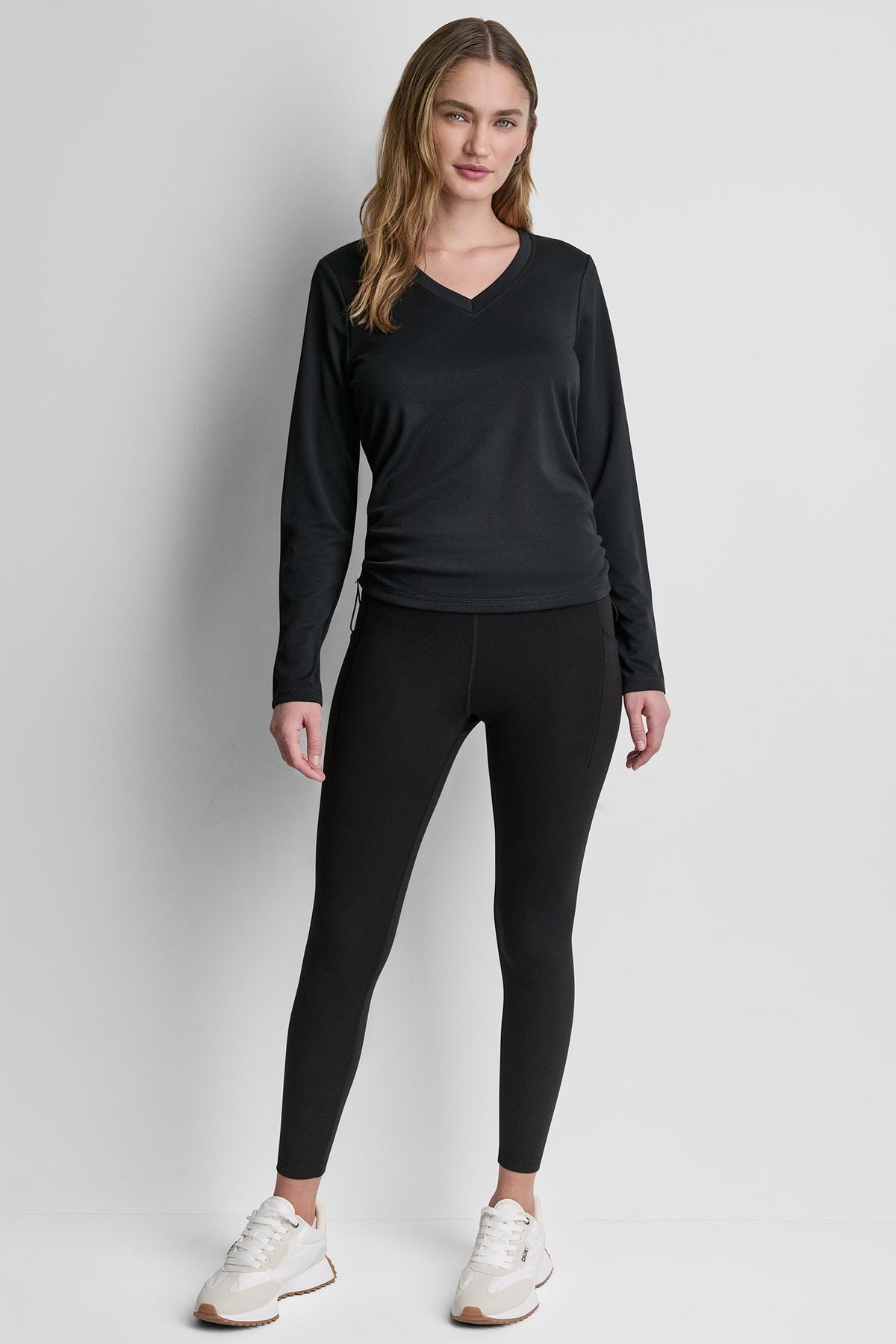 Black DKNY LONG SLEEVE V-NECK TECH TEE