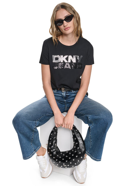 Black/Black DKNY SEQUIN STACKED LOGO TEE