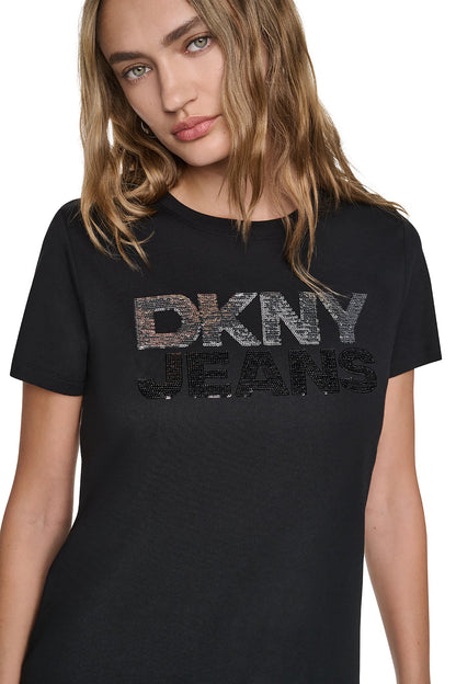 Black/Black DKNY SEQUIN STACKED LOGO TEE