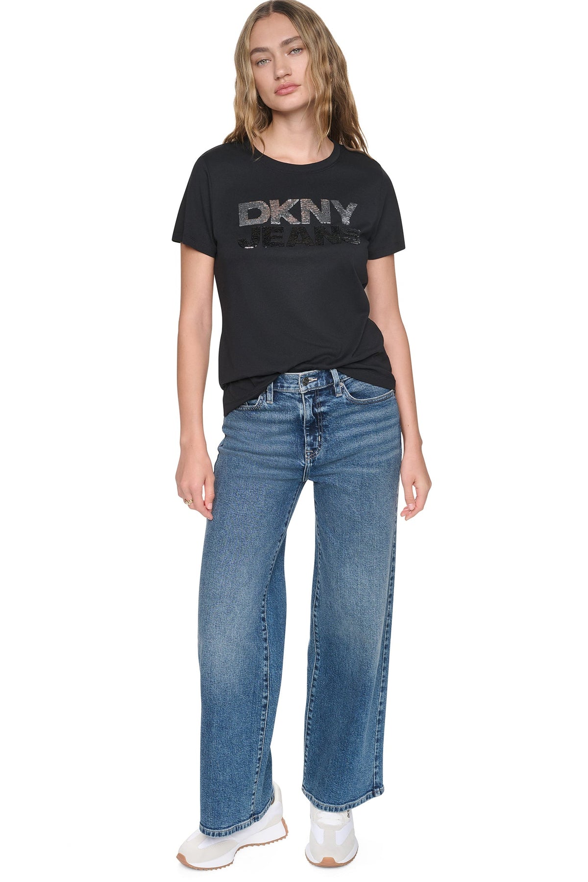 Black/Black DKNY SEQUIN STACKED LOGO TEE