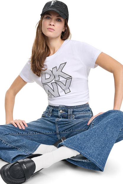 Chestnut/Black Smoked Top DKNY CRYSTAL DISTRESSED LOGO TEE