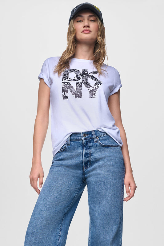 Black/Silver DKNY NEWSPRINT DKNY STACKED LOGO TEE