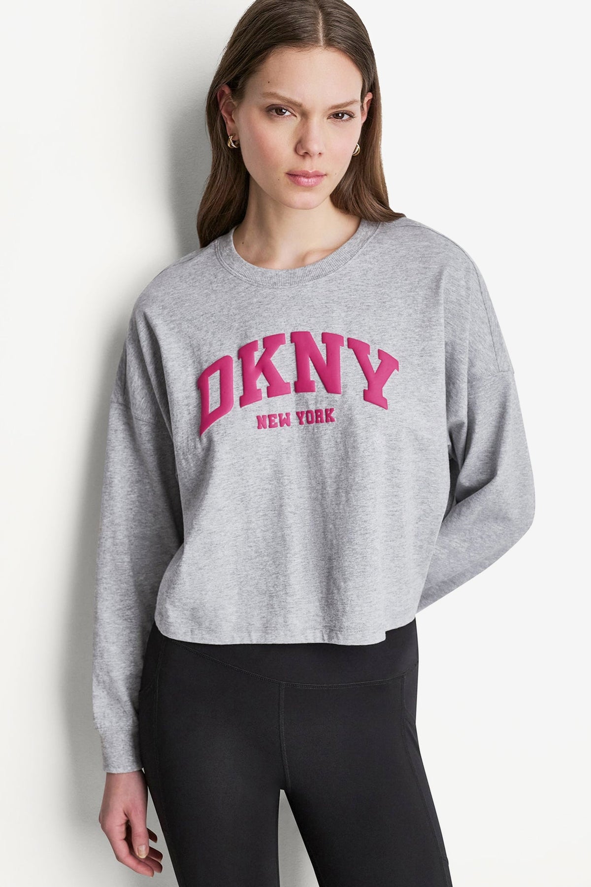 Punch/Black DKNY PUFF VARSITY LOGO LONG SLEEVE TEE