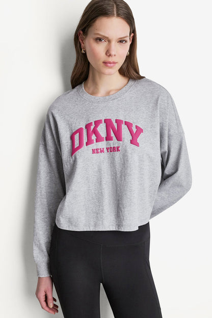 Punch/Black DKNY PUFF VARSITY LOGO LONG SLEEVE TEE