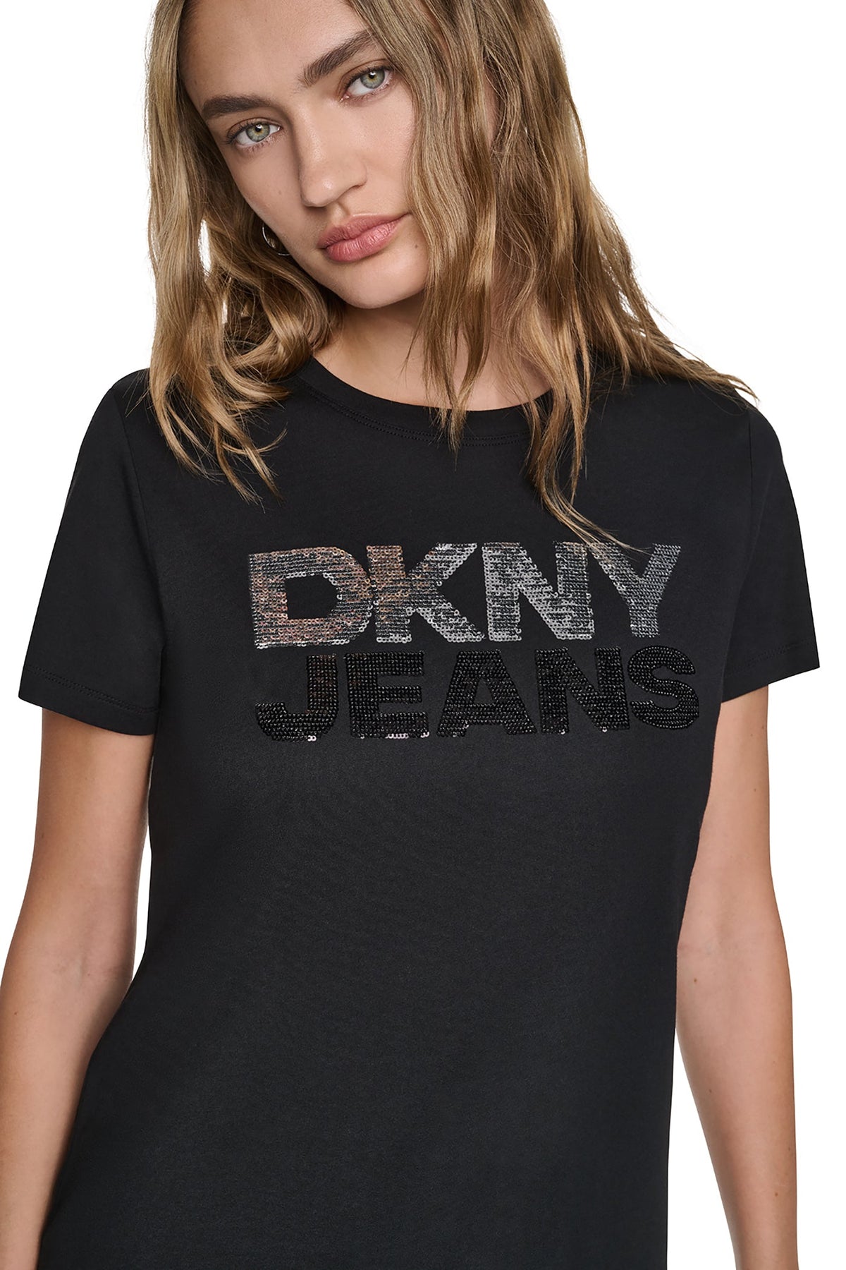 Eggnog/Espresso DKNY SEQUIN STACKED LOGO TEE