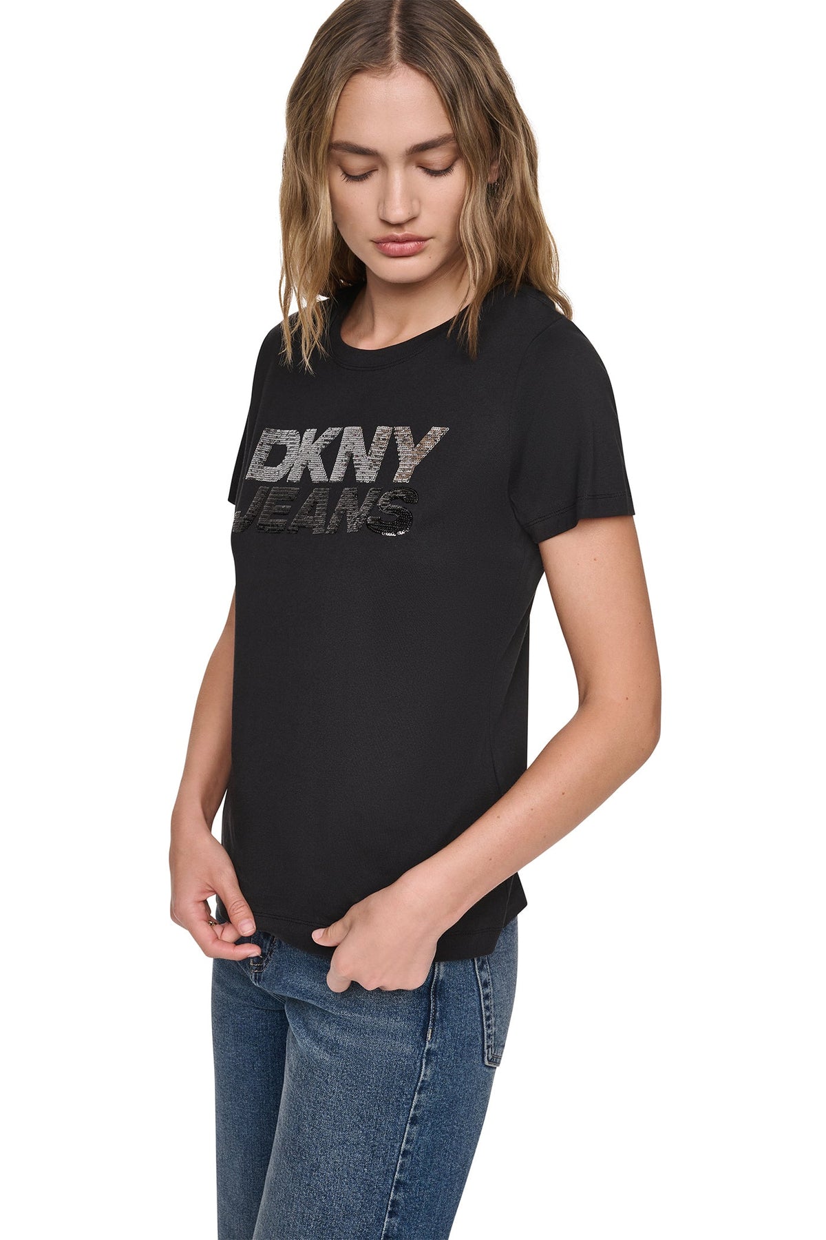 Eggnog/Espresso DKNY SEQUIN STACKED LOGO TEE