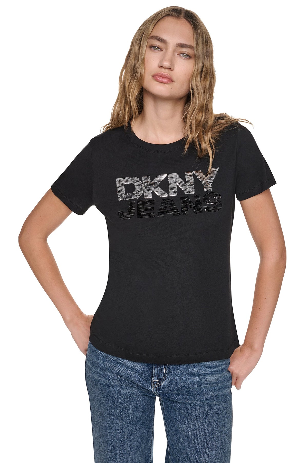 Eggnog/Espresso DKNY SEQUIN STACKED LOGO TEE