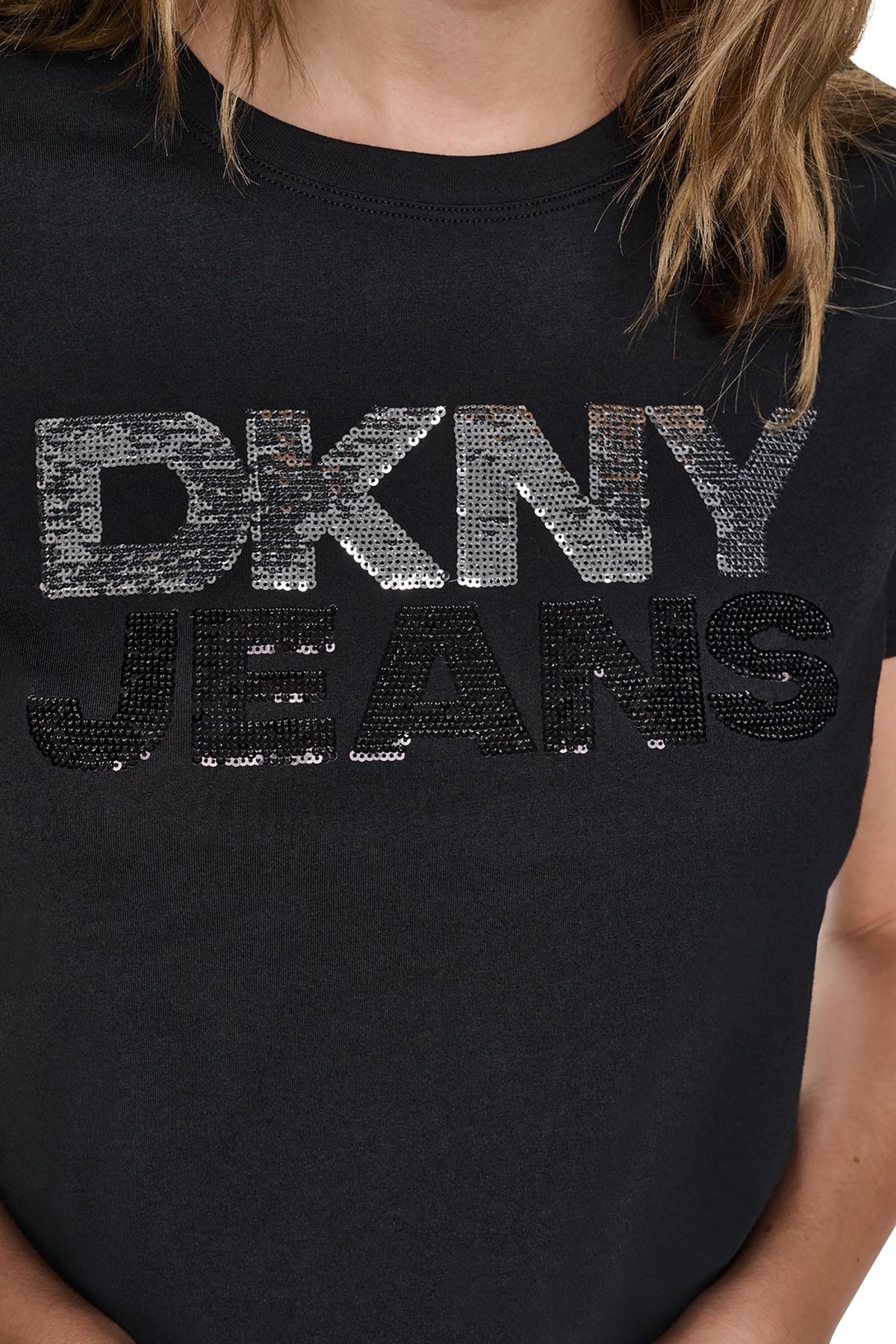 Eggnog/Espresso DKNY SEQUIN STACKED LOGO TEE