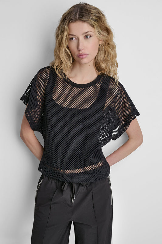 White DKNY MESH LOGO TEE
