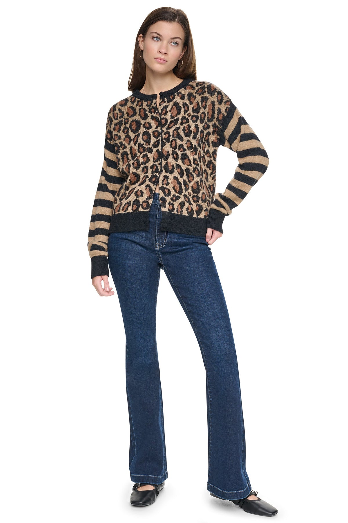 Travertine Combo DKNY MIXED CHEETAH AND STRIPE CARDIGAN