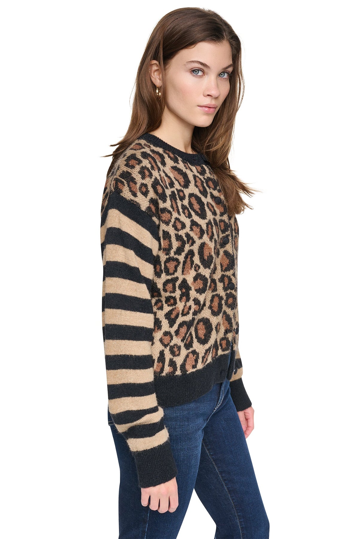Travertine Combo DKNY MIXED CHEETAH AND STRIPE CARDIGAN