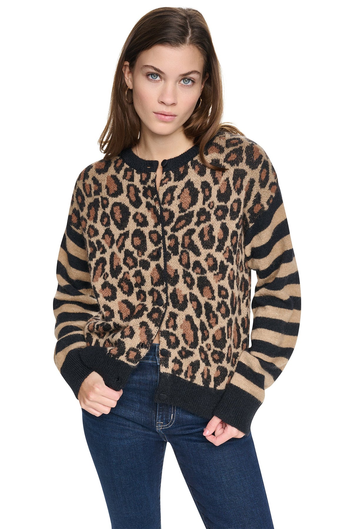 Travertine Combo DKNY MIXED CHEETAH AND STRIPE CARDIGAN