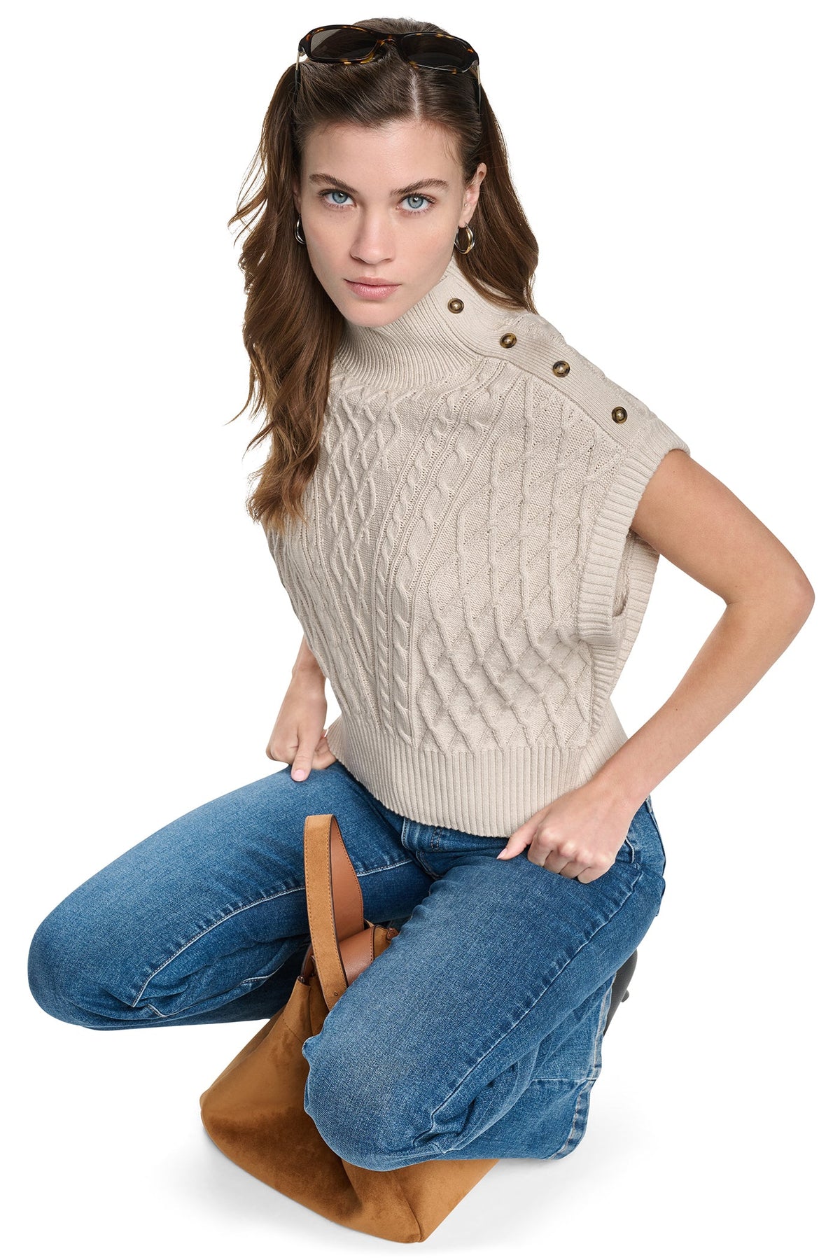 Cortado Heather DKNY BUTTON SHOULDER CABLE SWEATER VEST