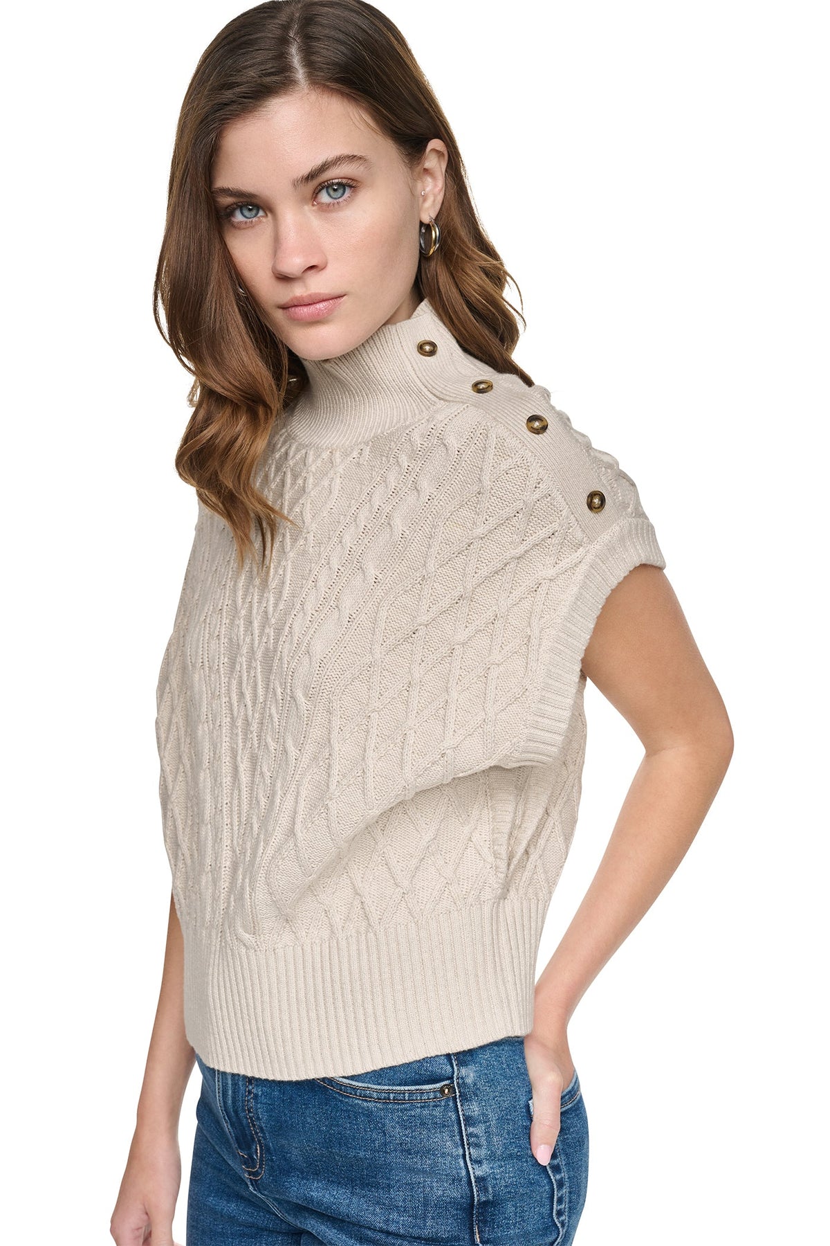 Cortado Heather DKNY BUTTON SHOULDER CABLE SWEATER VEST