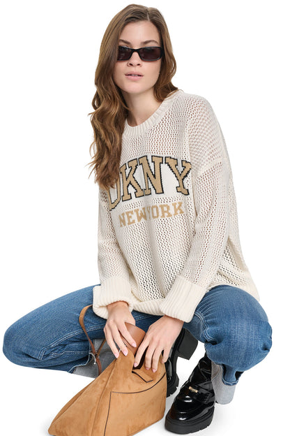 Utility Green/Sky Grey Heather DKNY OPEN STITCH VARSITY LOGO SWEATER