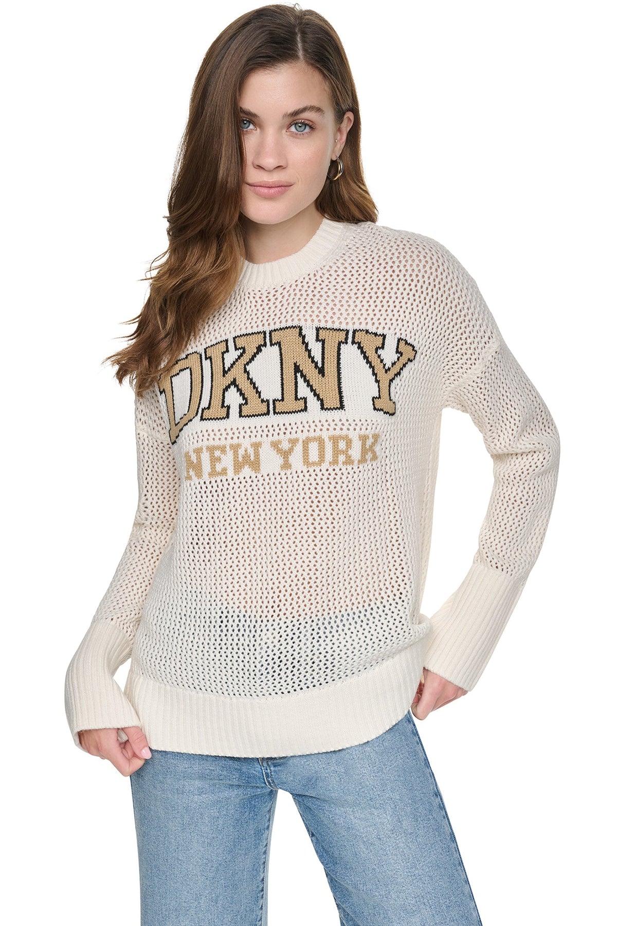 Utility Green/Sky Grey Heather DKNY OPEN STITCH VARSITY LOGO SWEATER
