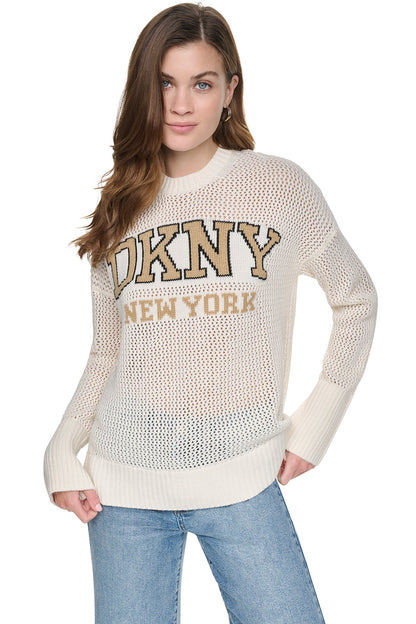 Utility Green/Sky Grey Heather DKNY OPEN STITCH VARSITY LOGO SWEATER