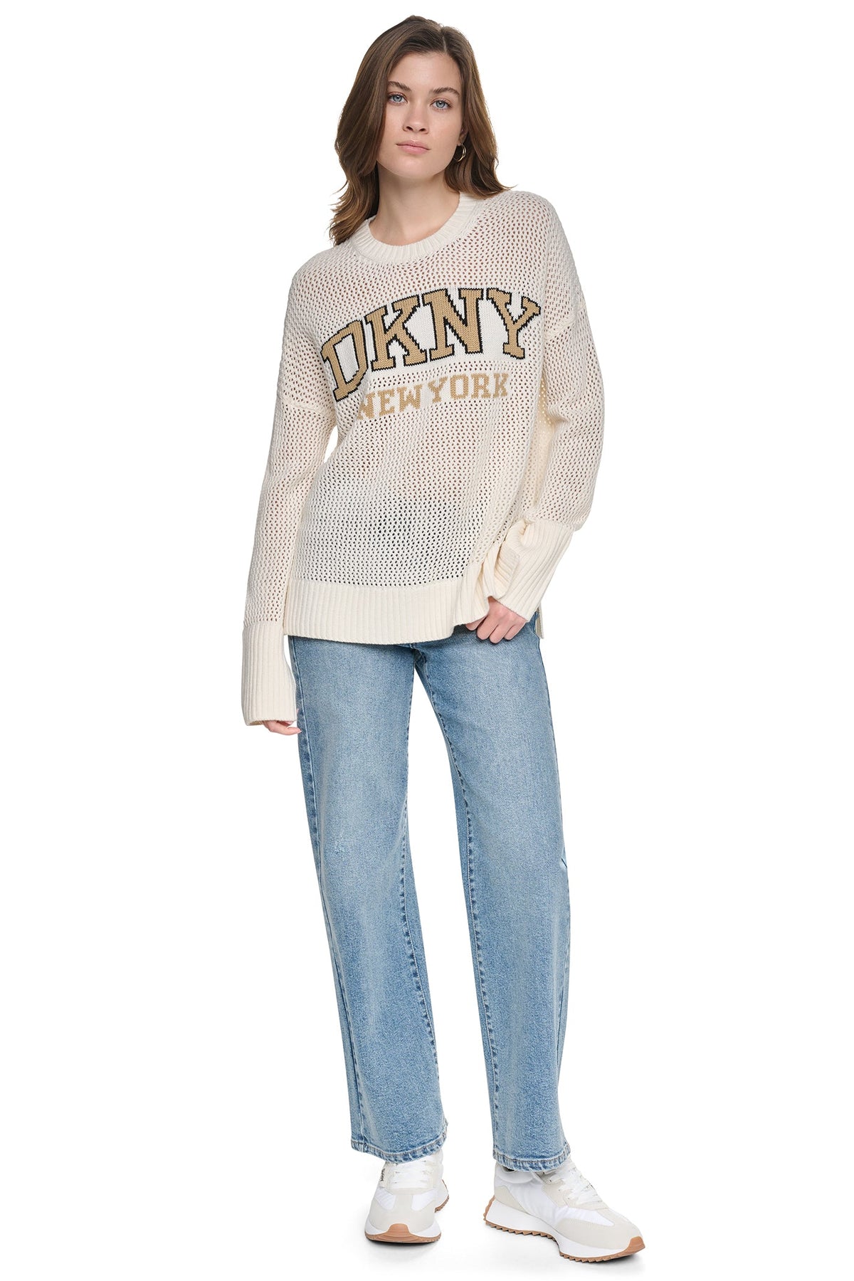 Utility Green/Sky Grey Heather DKNY OPEN STITCH VARSITY LOGO SWEATER
