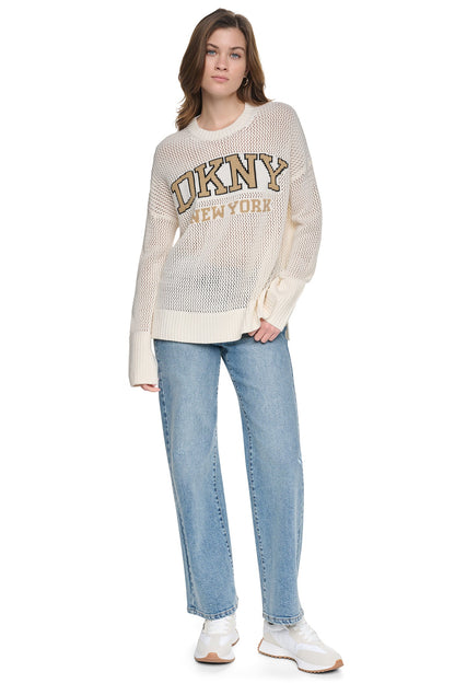 Utility Green/Sky Grey Heather DKNY OPEN STITCH VARSITY LOGO SWEATER