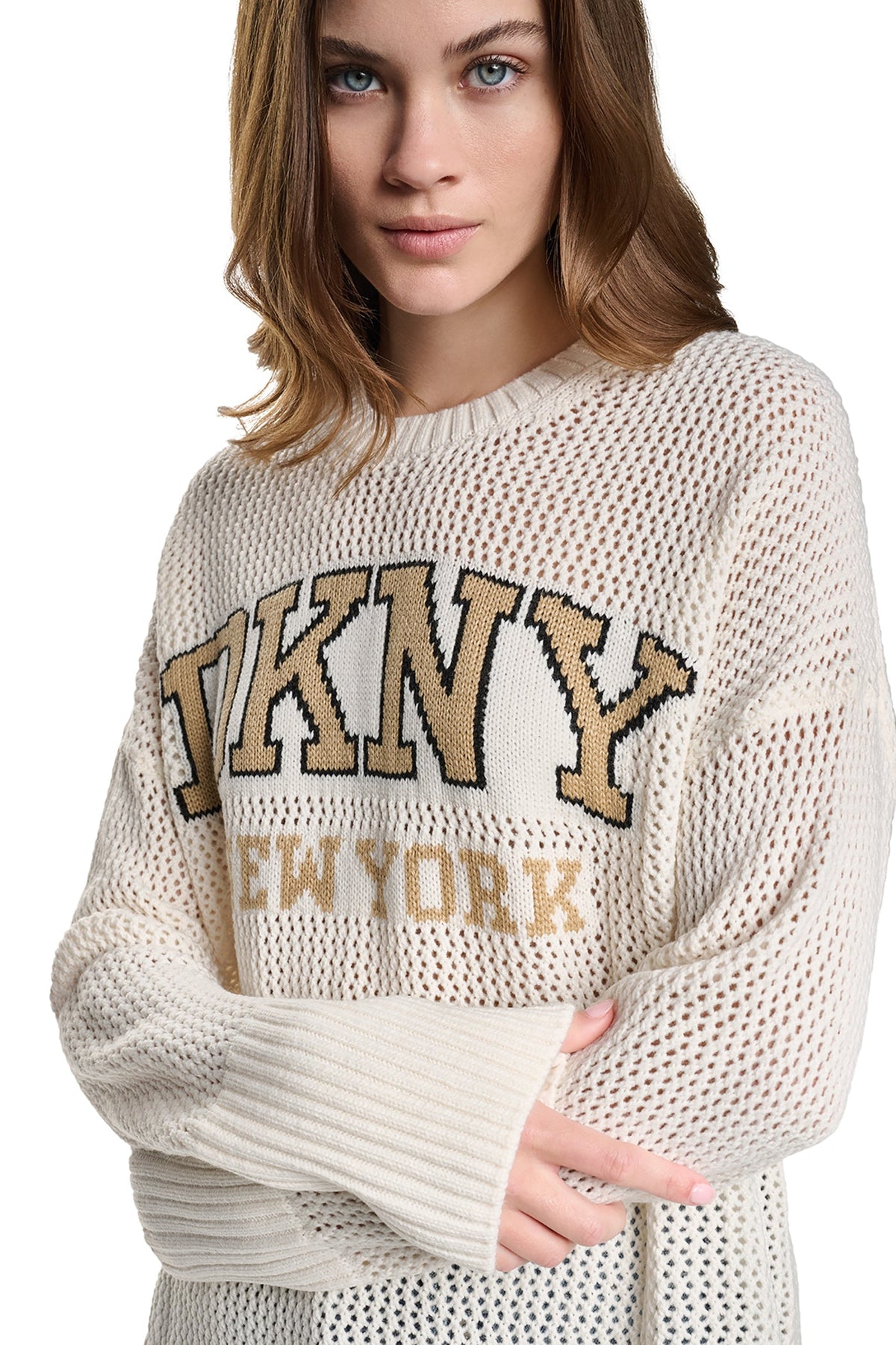 Utility Green/Sky Grey Heather DKNY OPEN STITCH VARSITY LOGO SWEATER
