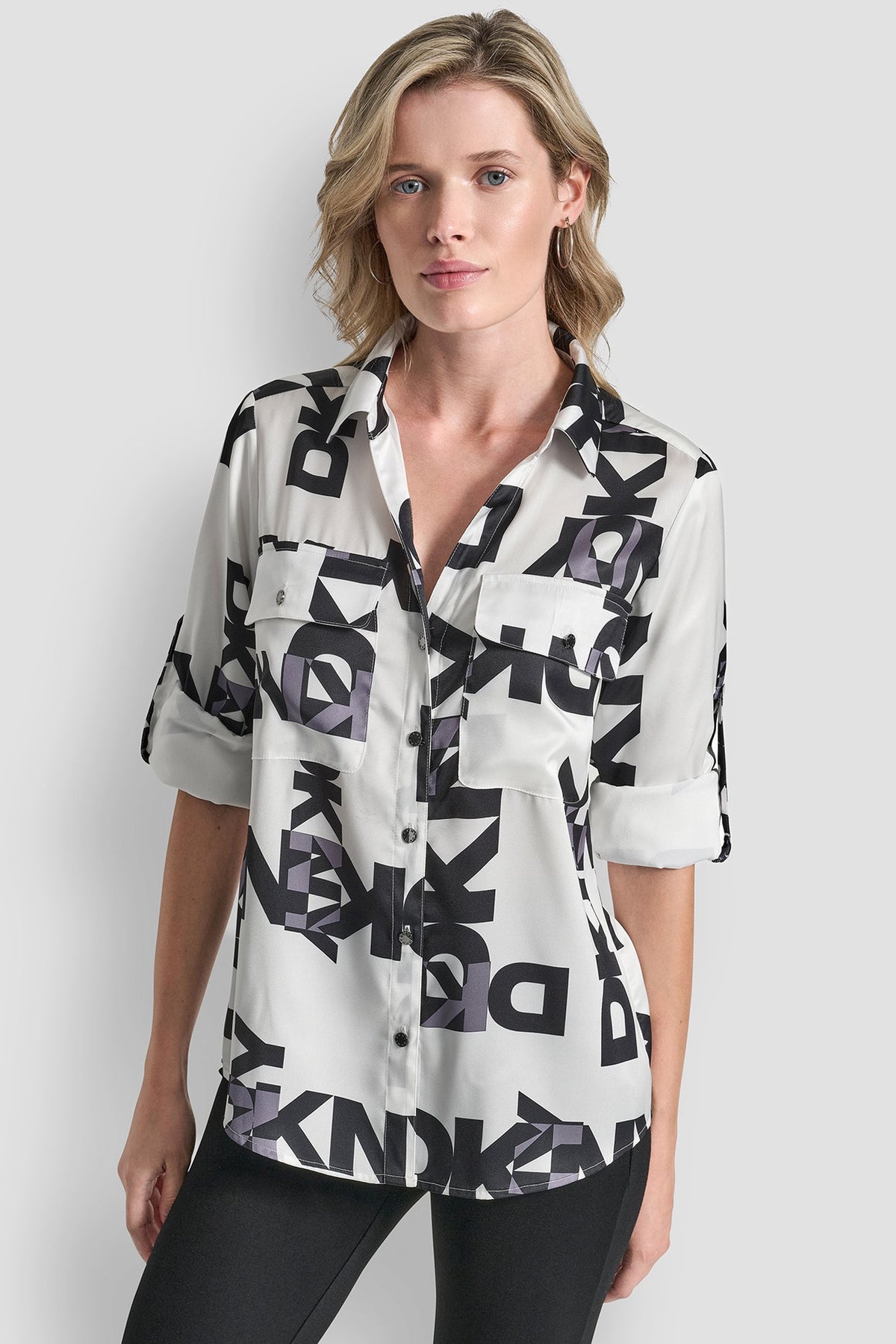 White/Black DKNY LOGO ROLL TAB SHIRT