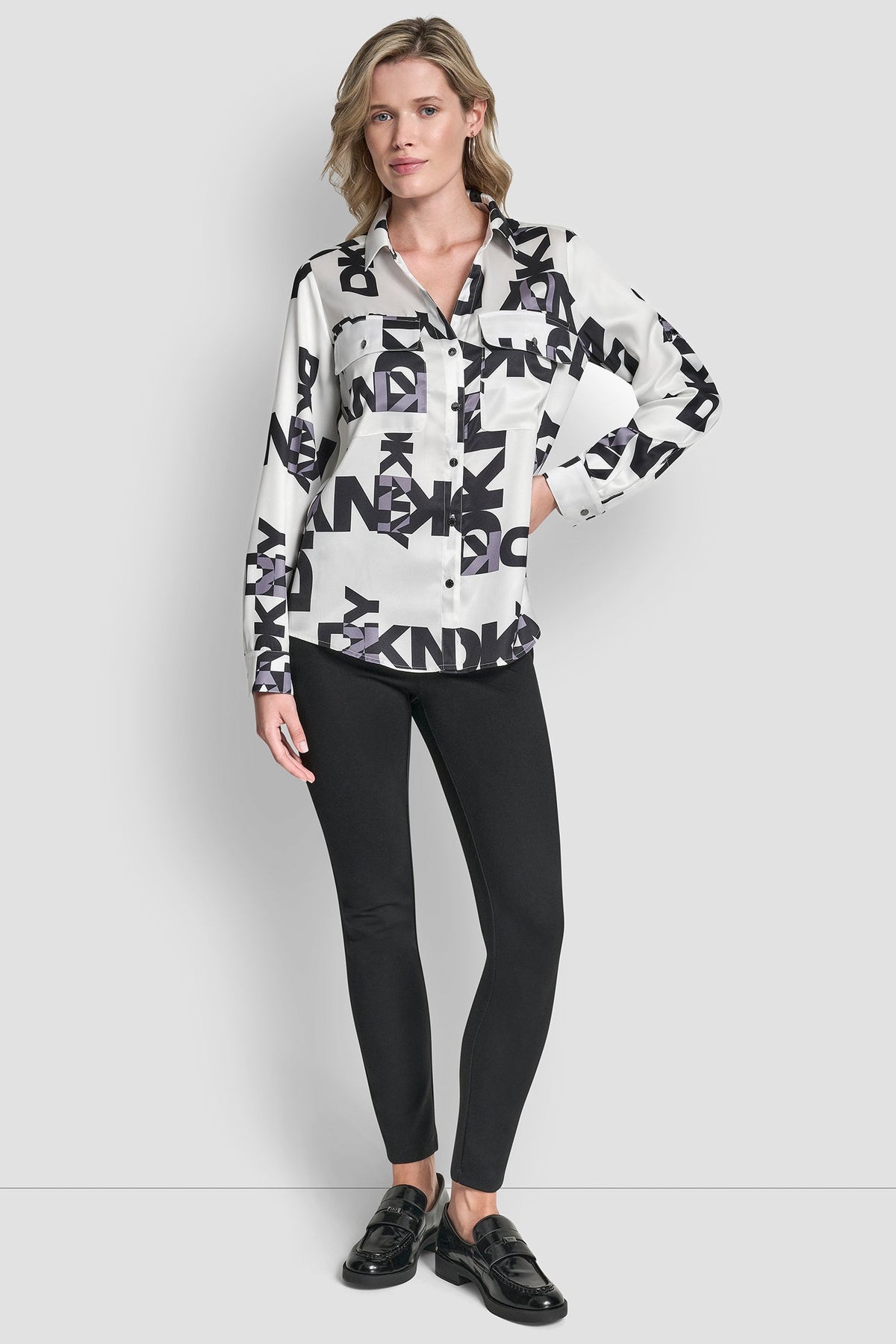 White/Black DKNY LOGO ROLL TAB SHIRT