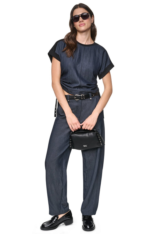 Dark Indigo DKNY WASHED INDIGO SIDE RUCHED TOP