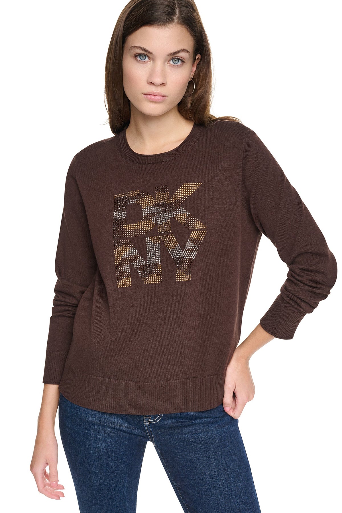 Espresso DKNY CAMO RHINESTONE LOGO SWEATER