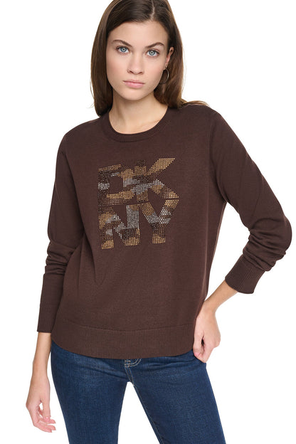 Espresso DKNY CAMO RHINESTONE LOGO SWEATER