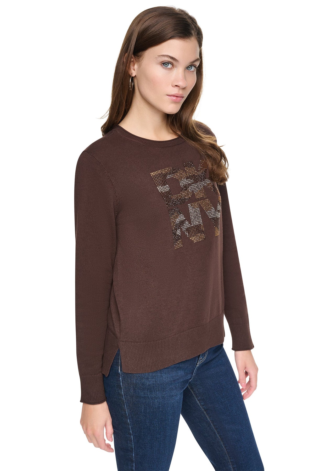 Espresso DKNY CAMO RHINESTONE LOGO SWEATER