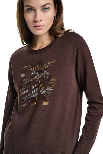 Espresso DKNY CAMO RHINESTONE LOGO SWEATER