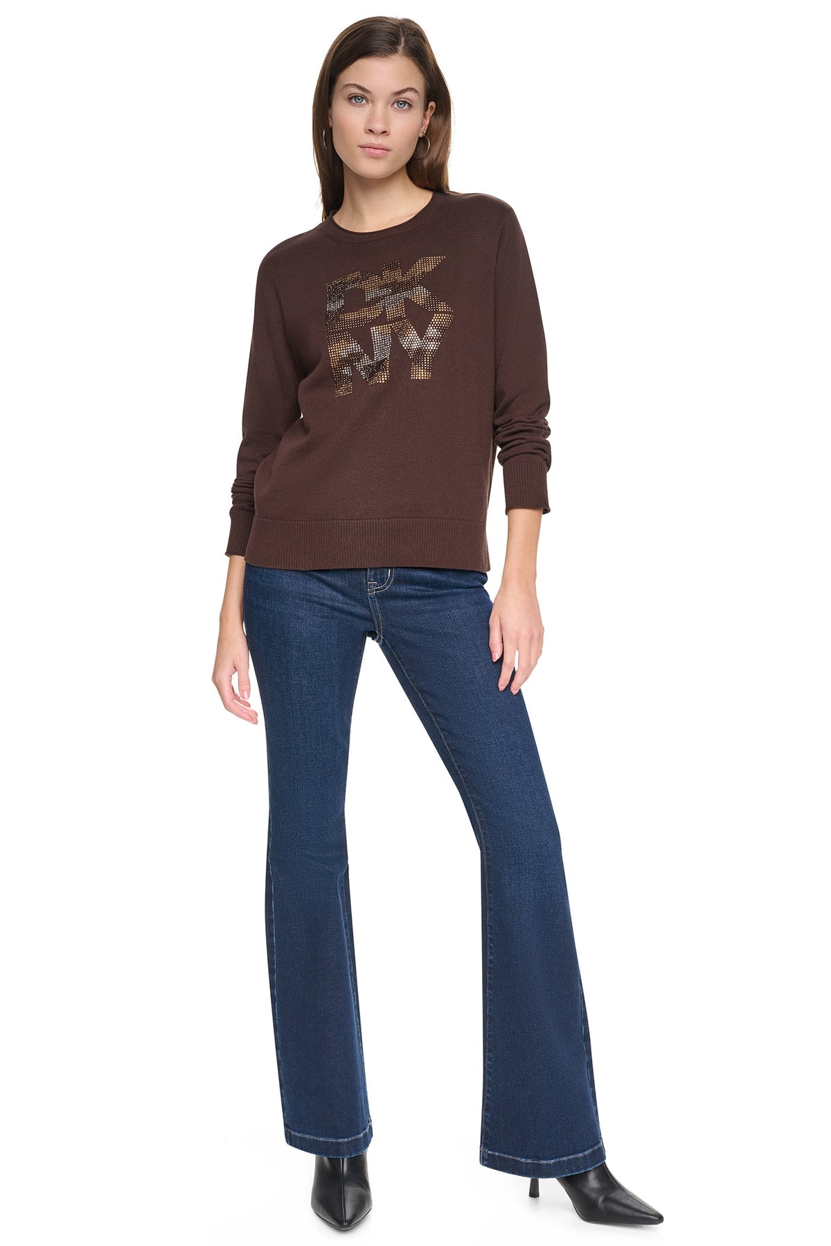 Espresso DKNY CAMO RHINESTONE LOGO SWEATER